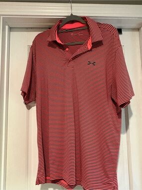 LG Men’s Neon Orange and Black Striped Polo Shirt